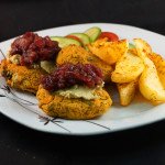 Falafal Burgers with Balsamic Red Onion Marmalade, Minted Hummus & Sweet Potato Wedges