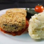 Mustard & Thyme Coated Aubergine with Herb Whipped Potatoes, Green Beans and a Spiced Tomato Sauce