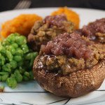 Vegetable Pate Stuffed Mushrooms with Red Wine Reduction, Sweet Potato Mash and Crushed Peas