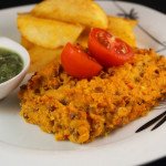 Curry Lentil & Butter Bean Slice served with Cucumber Mint Raita and Paprika Spiced Oven Baked Chips