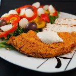 Sweet Potato Falafel Pie with Rocket & Red Pepper Salad