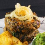 Mushroom & Spinach Veggie Burgers with Spicy Potato Cubes, Mango Caramelised Onions and Crushed Peas