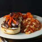 Balsamic Sauteed Aubergine & Red Pepper served on Crisped Bread smothered with Hummus with a White Bean & Herb Ragout