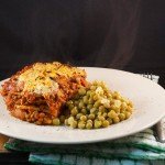 Lentil & Carrot Pasta Bake served with Green Peas