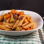 Penne Pasta with Garlic Sauteed Okra, Cherry Tomatoes, Basil & Black Olives