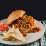 Lentil Sloppy Joes with a side of Tomato & Red Onion Salsa and Tortilla Chips