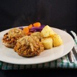 Stuffed Portobello Mushrooms with Roast Potatoes and Onion & Mustard Gravy