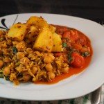 Fenugreek & Chickpea Biryani with a side of Bombay Spiced Potatoes and a Wilted Spinach & Roasted Cherry Tomato Curry Sauce