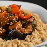 Pepper Roasted Aubergine Slices in a Cantonese Sweet and Sour Sauce served with Basmati Rice and Sesame Seeds