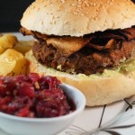 Mexican Veggie Burger with Sliced Avocado, Aubergine Bacon & Red Onion Chutney