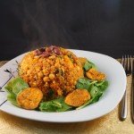 Moroccan Spiced Hot Pot served with Sweet Potato Chips (thin crisps) and Minted Tahini Cream