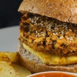 Thai Style Mung Bean Burgers topped with Caramelized Pineapple and Sweet Chilli Sauce