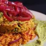 Chickpea & Coriander Patties served with spicy Spanish Rice, Chilli and Avocado Aioli and Sauteed Sweet Red Onions