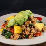 Kasha Buddha Bowl topped with Avocado & Mango served with a Soy & Wasabi Dressing