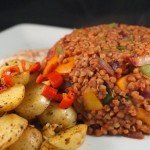 Veggie Kasha with Sauteed Chilli Garlic Potato Slices and Paprika Hummus