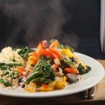 Chilli and Garlic Sauteed Veggies with Spinach Basmati Rice topped with a Cumin spiced Tahini Sauce