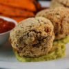 Avocado Stuffed Lentil Balls with Sweet Potato Wedges & Homemade Hot Sauce
