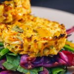 Baked Spicy Carrot & Potato Fritters with Balsamic Sautéed Spinach & Red Cabbage